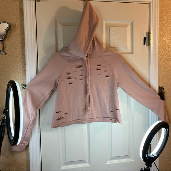 Rue21 Tops - Rue21 Women M Hoodie Sweatshirt Crop Cut Out Holes Distressed Pullover Casual